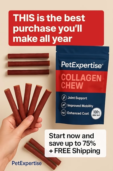A 2:3 vertical ad featuring a hand holding collagen chews next to the product bag, highlighting key benefits and an aggressive discount offer.